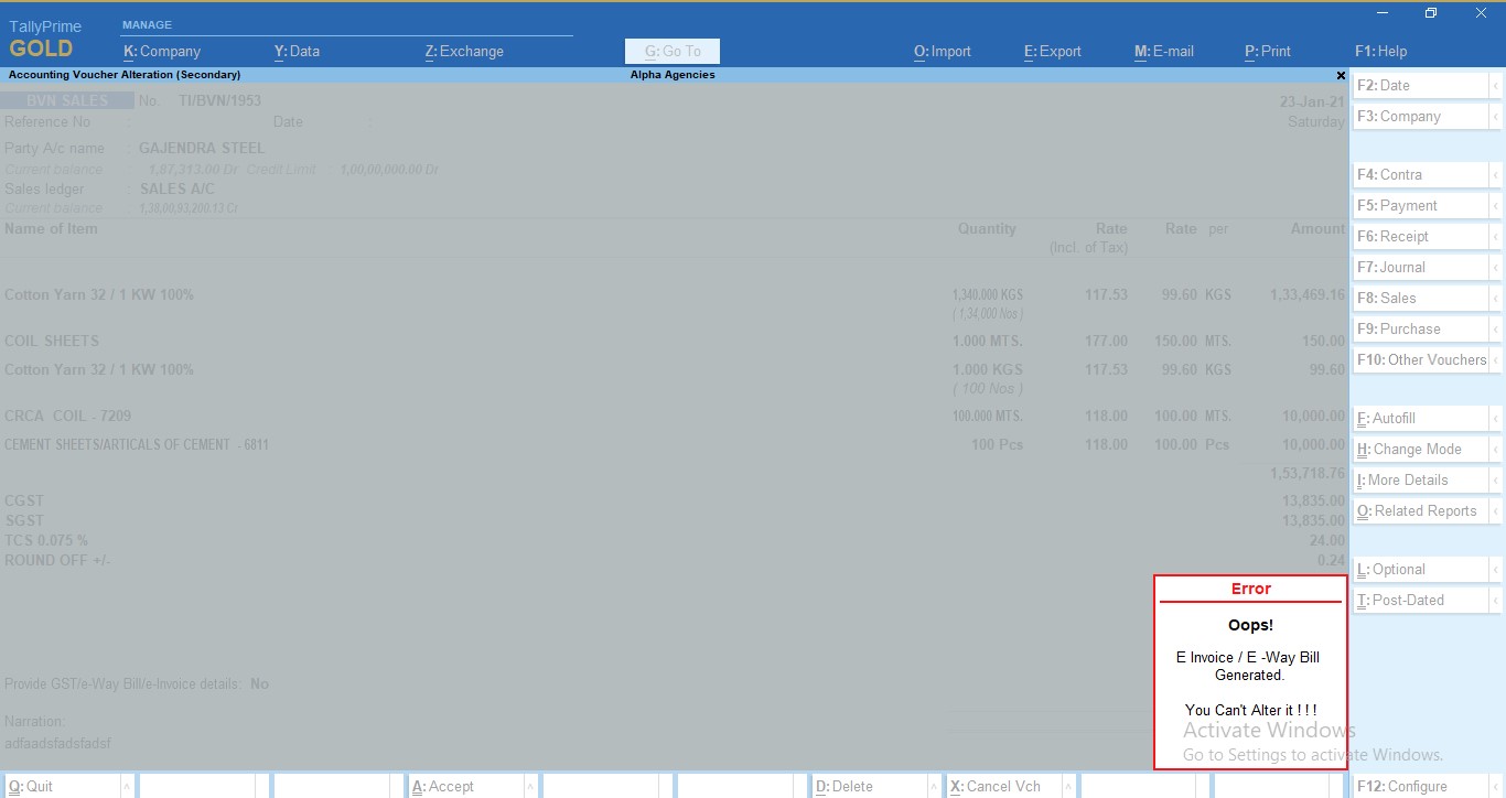 E-Invoice and E-Way Bill  Generated Voucher Alteration Control